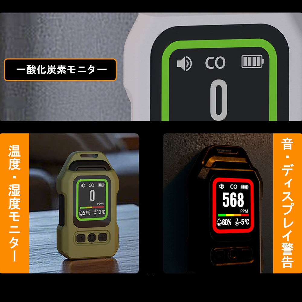 一酸化炭素、二酸化炭素、温度、湿度監視